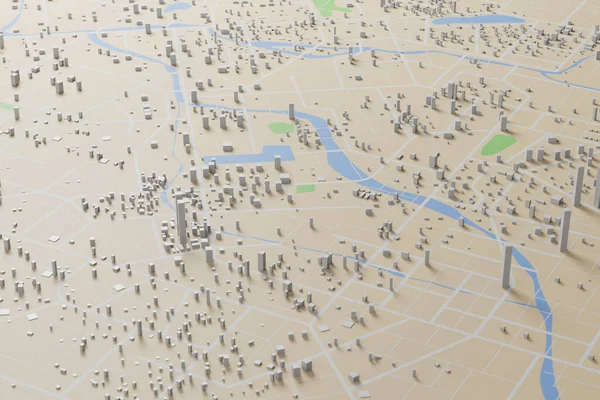 3Dモデリングを使用して作成された都市マップの3Dレンダリング都市マップイラスト 都市の主要道路とサブロードの詳細な表現を持つ都市マップのトップビュー — ストック写真