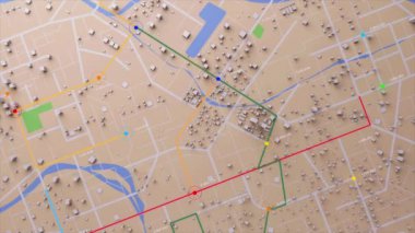 3D Rending Top view City haritası navigatör hattı ve hedef GPS Teknoloji ulaşımı, gelecekteki kullanıcı arayüzü, HUD Baş Görünümü. Teknoloji ve gelecekçi konsept