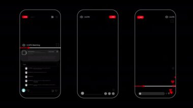 Dikey akıllı telefon. Cep telefonundaki online yayın uygulamasının kullanıcı arayüzü. İzleyici görüntüsü sayacı ile sosyal medya canlı uygulama şablonu