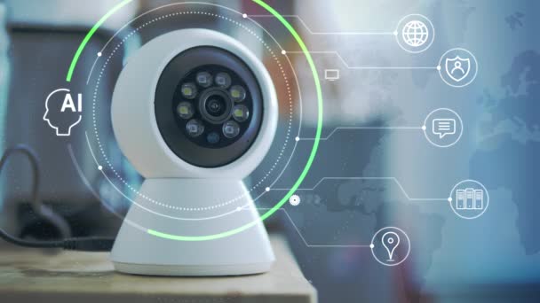Telecamera Sicurezza Con Concetto Tecnologia Intelligenza Artificiale Con Interfaccia Futuristica — Video Stock