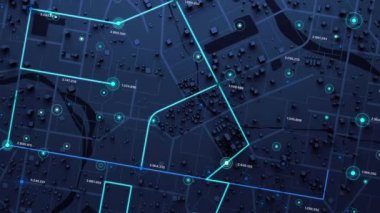 3D Rending Top view City haritası navigatör hattı ve hedef GPS Teknoloji ulaşımı, gelecekteki kullanıcı arayüzü, HUD Baş Görünümü. Teknoloji ve gelecekçi konsept