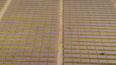 İnsansız hava aracı, güneş panellerinin temiz enerji alternatif enerjisiyle elektrik üreten güneş panellerini görüntüler.