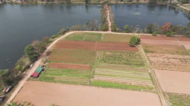 Drone kırsal köy kırsalındaki tarımın manzaralı görüntüsünü çekti.