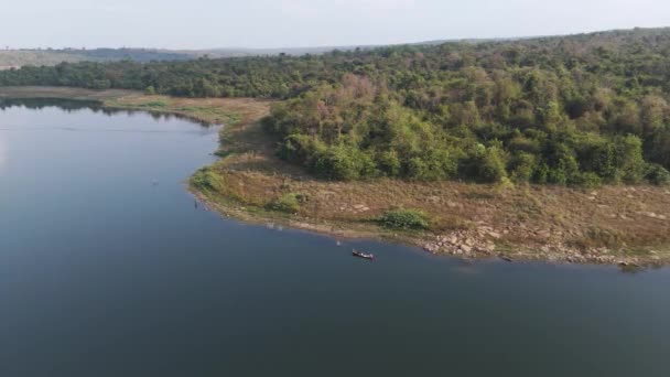 Drone Shot Aerial View Scenic Landscape Boat Sailing Big River — Stock Video