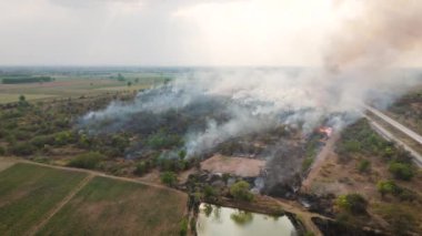 İnsansız hava aracı görüntüleri, yoğun bir otoyolun yanında orman yangınının manzaralı manzarası yanıyor. Büyük bir duman bulutu yükseliyordu. Kurak mevsimde doğal afetler