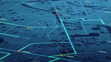 Kesişme noktaları, navigasyon hatları ve dijital seyahat bilgi merkezi gibi rakamlarla şehir haritasının hava görüntüsünün dikey 3D görüntülenmesi