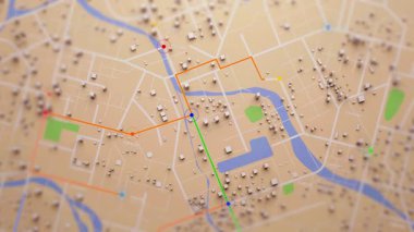 Bir şehir haritasının üç boyutlu görüntüsünün kesişme noktaları, navigasyon hatları ve dijital seyahat bilgi merkezi gibi çalışan rakamlarla görüntülenmesi.