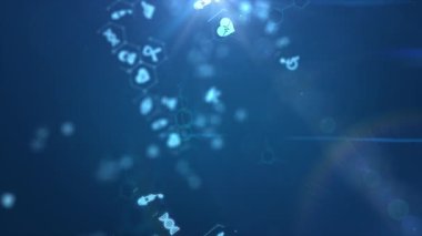 Soyut arkaplan 3D görüntüleme bir kimyasal bağ yapısı ve halk sağlığı ikonu simülasyonunun şablon canlandırması. Uçuşun bakış açısı sağlık ve sağlık ikonlarından geçer