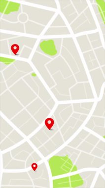 Yolları ve sokakları olan bir kasaba haritası. Daireler varış noktalarını rastgele numaralarla gösteriyor. Siber teknoloji ve gelecekçi konsept için