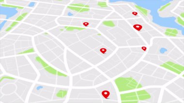 Yolları ve sokakları olan bir kasaba haritası. Daireler varış noktalarını rastgele numaralarla gösteriyor. Siber teknoloji ve gelecekçi konsept için