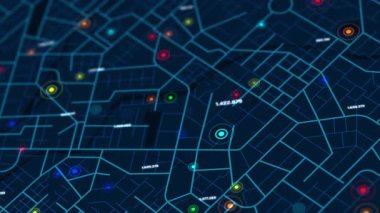 Yolları ve sokakları olan bir kasaba haritası. Daireler varış noktalarını rastgele numaralarla gösteriyor. Siber teknoloji ve gelecekçi konsept için