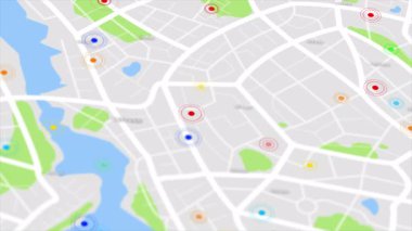 Yolları ve sokakları olan bir kasaba haritası. Daireler varış noktalarını rastgele numaralarla gösteriyor. Siber teknoloji ve gelecekçi konsept için