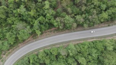 Kırsal bir yolda kırsal araziden geçen bir kamyonetin hava aracı görüntüsü. Doğada seyahat, ulaşım ve özgürlüğün manzaralı görüntüsü