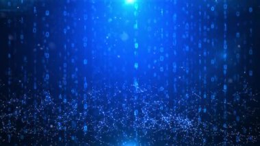 Dinamik ikili kod, içinde 0 'lar ve 1' ler, pleksus noktaları ve dijital şebekede birbirine bağlı çizgiler var. Teknoloji, veri, engelleme zinciri ve yapay zeka görsel temalar için mükemmel.