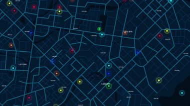 Yolları ve sokakları olan bir kasaba haritası. Daireler varış noktalarını rastgele numaralarla gösteriyor. Siber teknoloji ve gelecekçi konsept için