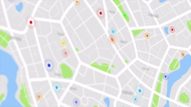 Yolları ve sokakları olan bir kasaba haritası. Daireler varış noktalarını rastgele numaralarla gösteriyor. Siber teknoloji ve gelecekçi konsept için