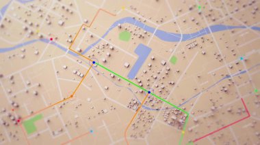 Yolları ve sokakları olan bir kasaba haritası. Daireler varış noktalarını rastgele numaralarla gösteriyor. Siber teknoloji ve gelecekçi konsept için