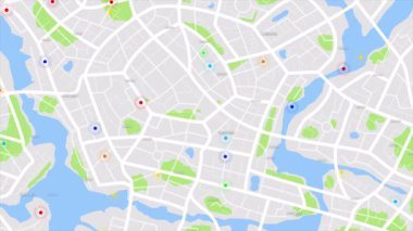 Yolları ve sokakları olan bir kasaba haritası. Daireler varış noktalarını rastgele numaralarla gösteriyor. Siber teknoloji ve gelecekçi konsept için