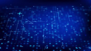 Devre hatları ve teknik düğümleri olan parlak mavi dijital şebeke. Teknoloji, veri, yapay zeka veya siber güvenlik temaları için geleceksel arayüz ideali.