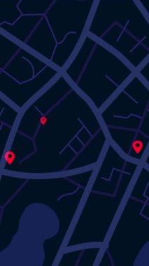Dikey video 3D akıllı şehir haritası. Parlak veri noktaları ve yer belirleyicileri var. GPS, izleme, navigasyon, şehir teknolojisi ve gelecekteki şehir kavramları için ideal