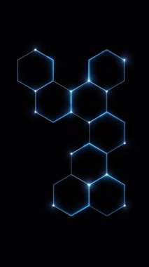 Siyah arkaplanda parlayan altıgen ızgara, bilim kurgu, engelleme zinciri, biyoteknoloji veya gelecekteki dikey videolar için mükemmel.