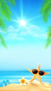 Dalgalar, güneş ve tropikal renklerle soyut yaz plaj arka planının dikey video animasyonu. Tatil tanıtımları, seyahat filmleri ve yaz temalı içerik için mükemmel.