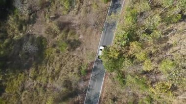 Kırsal bir yolda kırsal araziden geçen bir kamyonetin hava aracı görüntüsü. Doğada seyahat, ulaşım ve özgürlüğün manzaralı görüntüsü