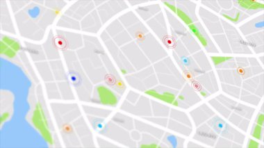 3D 'nin, yollu ve daireli caddeli kasaba haritası siber teknoloji ve gelecekçi konsept için rastgele numaralar içeren varış noktalarını gösteriyor.