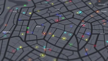 3D 'nin, yollu ve daireli caddeli kasaba haritası siber teknoloji ve gelecekçi konsept için rastgele numaralar içeren varış noktalarını gösteriyor.