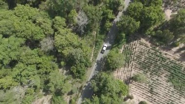 Drone 'un hava görüntüsü kurak mevsimde kırsal alanda terk edilmiş kamyonet yolu manzarası.