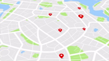 3D 'nin, yollu ve daireli caddeli kasaba haritası siber teknoloji ve gelecekçi konsept için rastgele numaralar içeren varış noktalarını gösteriyor.