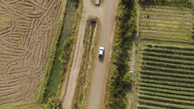 Kırsal bir yolda kırsal araziden geçen bir kamyonetin hava aracı görüntüsü. Doğada seyahat, ulaşım ve özgürlüğün manzaralı görüntüsü