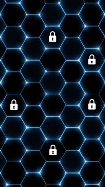 Dikey video. Dikey istiflenmiş altıgenlerin oluşturduğu yenilikçi soyut tasarım, güvenlik ve teknolojiyi temsil eden bir asma kilit sembolüyle birleştiriliyor.