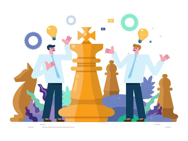 Büyük Satranç Oynarken Birlikte Düşünen Bir Adamı Ekibi Çalışması Strateji — Stok Vektör