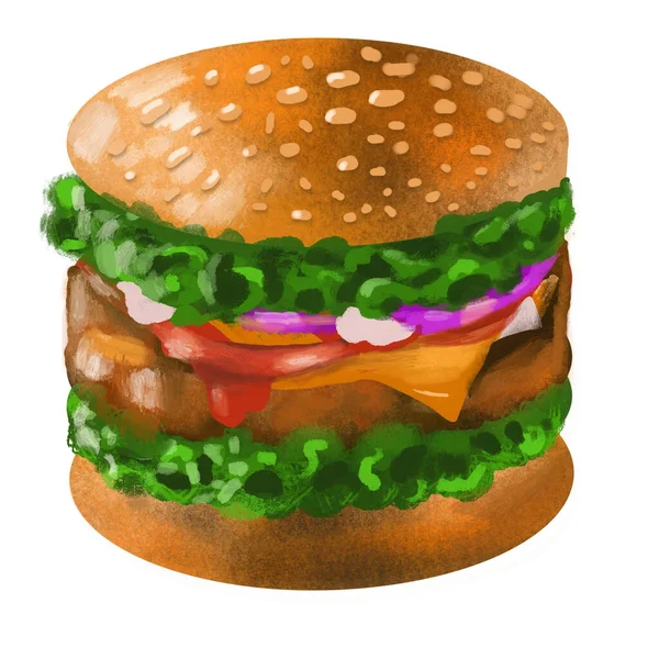 Een Hamburger Aquarel Met Hand Getekend Stijl Isoleer Witte Achtergrond — Stockfoto