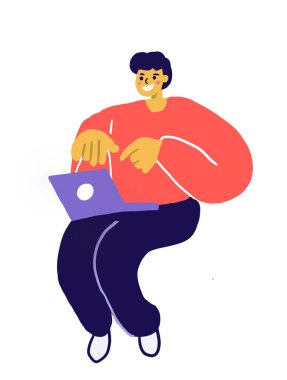 Genç adam yazıyor, deftere yazıyor. Karakter tasarımı beyaz arkaplanda izole 