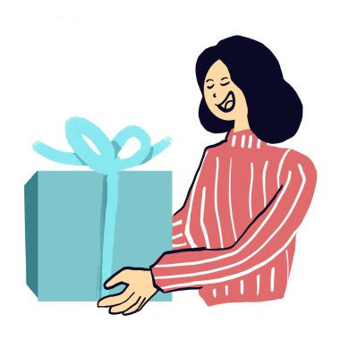 Mutlu kadın büyük hediye kutusuyla eğleniyor. Karakter tasarımı beyaz arkaplanda izole 