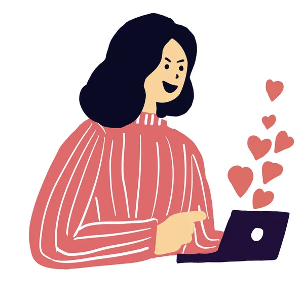 Счастливая Женщина Наслаждается Социальными Сетями Ноутбуке Дизайн Персонажей Изолировать Белом — стоковое фото