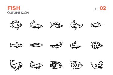 Bir grup balık ikonu. Taslak simgesi seti 02