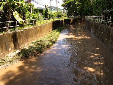 Ağaçlarla çevrili ve suyu yansıtan, kızıl su nehri üzerindeki bir köprüyü barındıran sakin, yağmurlu bir manzara.