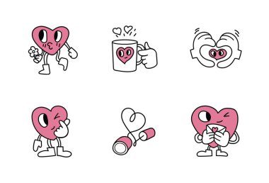 Sevgililer Günü temaları için mükemmel retro-stil kalp karakterleri. Kartlar, baskılar ya da dijital medya için ideal. set2