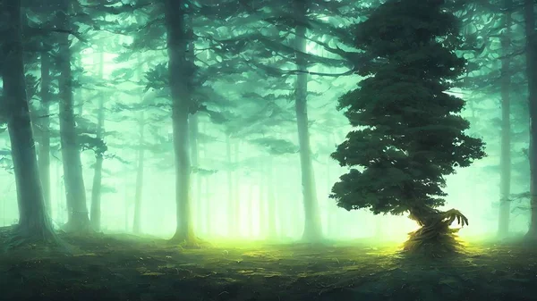 Magical Forest. Beautiful light falling through the trees. Cyberpunk style.