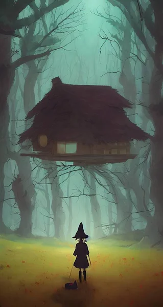 Witch's hut in the forest a lot of crows