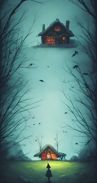 Witch\'s hut in the forest a lot of crows