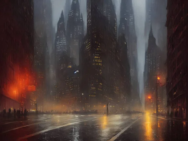 Night Gotham in the rain. Oil paints, illustration.