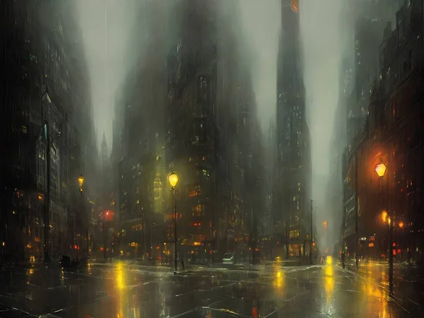 Night Gotham in the rain. Oil paints, illustration.