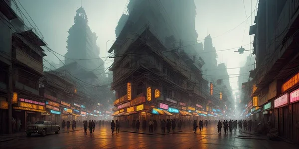 Asian city in cyberpunk style. Streets with a view to the future