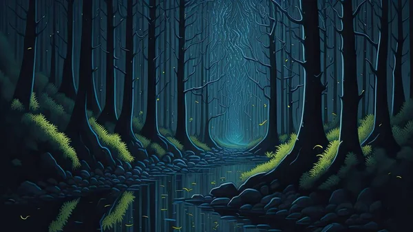 painting of a forest with fireflies and stars in the sky above it and a stream of water. Illustration.