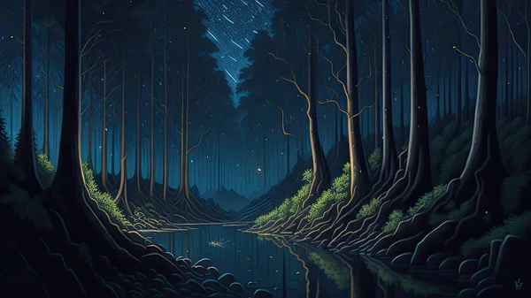 painting of a forest with fireflies and stars in the sky above it and a stream of water. Illustration.