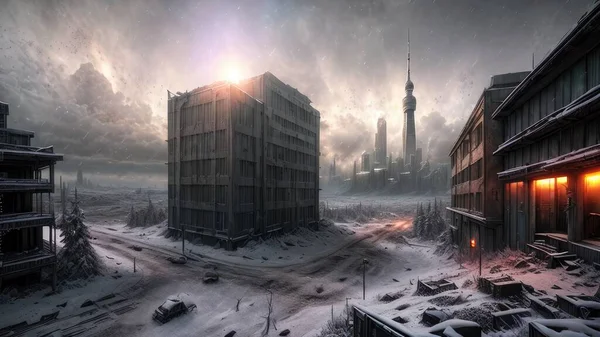 An abandoned city, after the end of the world. The aftermath of a great war. Illustration.